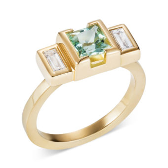 engagement ring lily kamper 18ct gold princess cut mint green tourmaline with baguette diamond shoulders