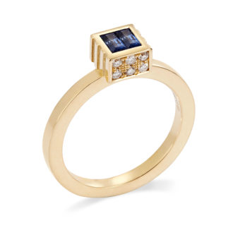 18ct Gold Double Blue Sapphire Baguette & Pavé Diamond Engagement Ring Lily Kamper