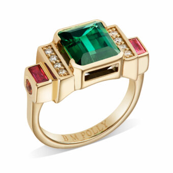 18K yellow gold with central green tourmaline and side pavé set diamonds, baguette cut rubies and orange garnets